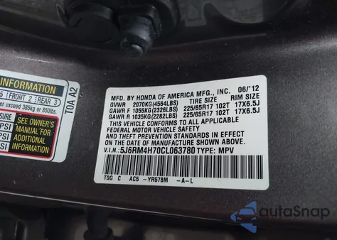 2012 Honda Cr-V Ex-L from USA, damaged, VIN 5J6RM4H70CL063780